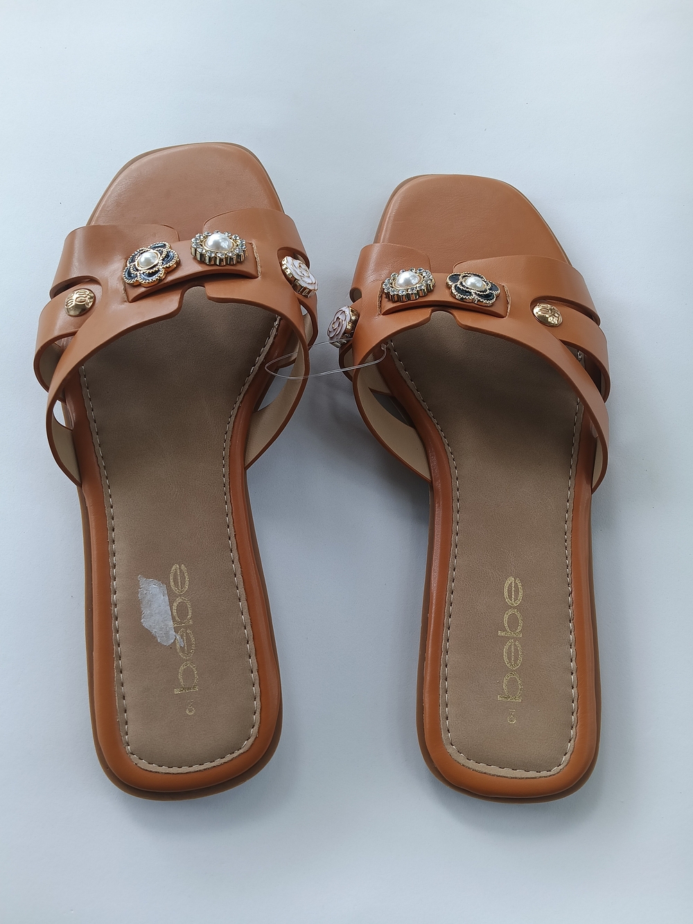 bebe Women's Floral Embellished Cutout Leather Slide Tan Jeweled Slide Sandals